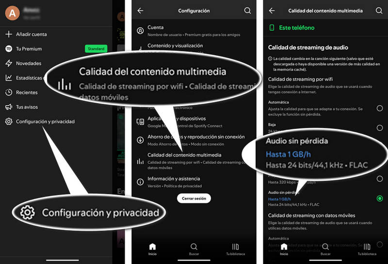 Activar el audio sin pérdida en la aplicación móvil de Spotify