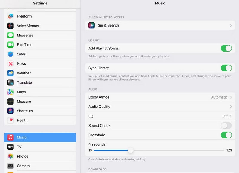 enable apple music crossfade on ipad