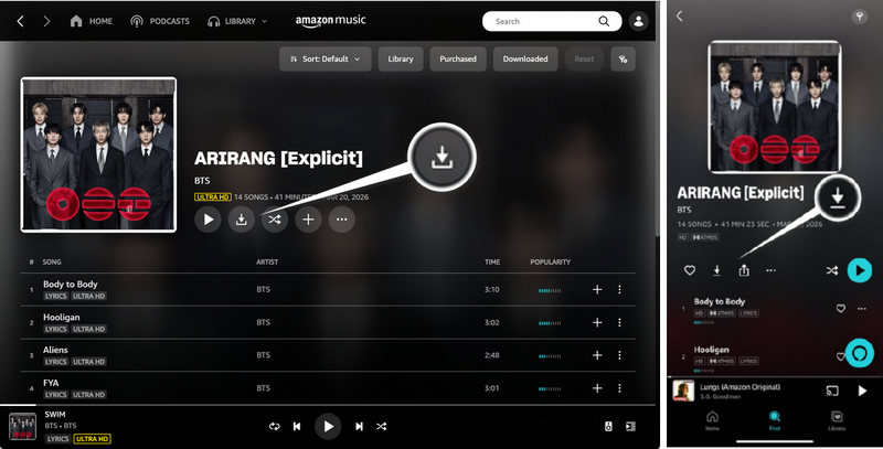 download music within the Amazon Music app