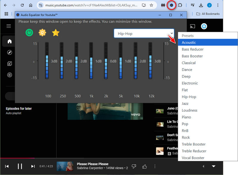 enable youtube music equalizer extension