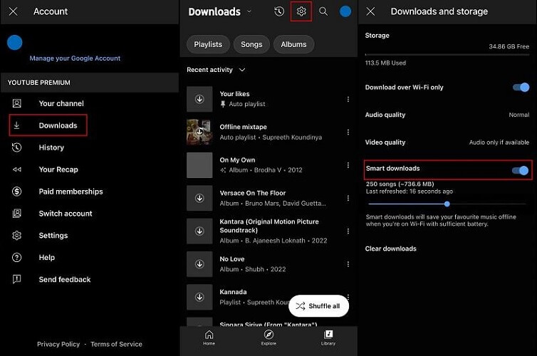 turn on youtube music smart downloads on android