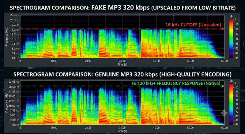 spectrum comparison: fake 320kbps vs true 320kbps