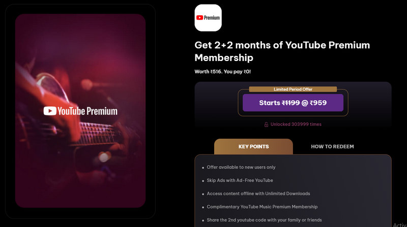 get YouTube Premium free via times prime