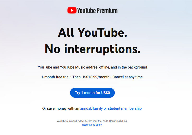 get YouTube Premium 1 month free trial