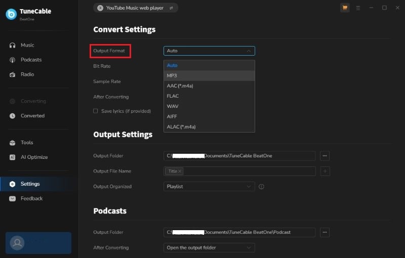 change output settings