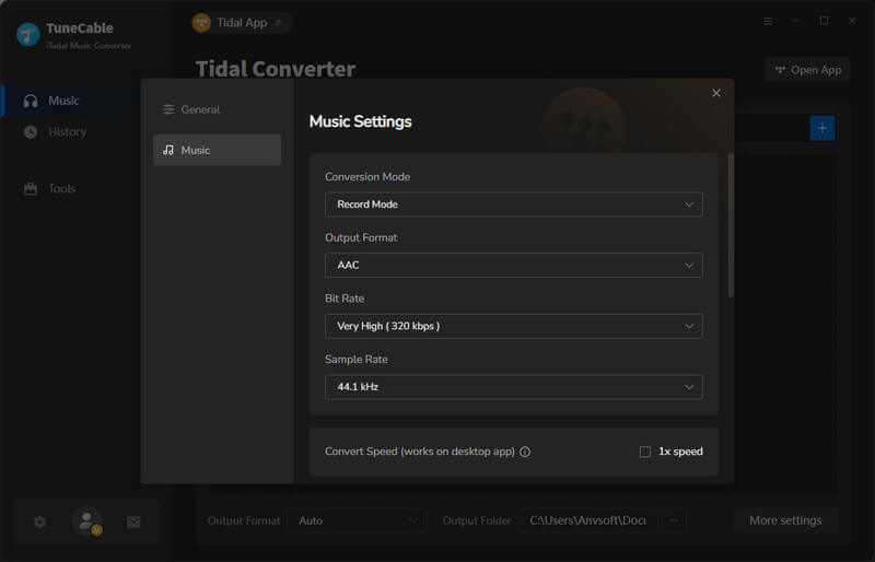tidal songs output settings